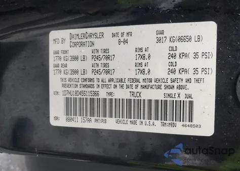2005 Dodge Ram 1500 Slt/Laramie from USA, damaged, VIN 1D7HU18D45S115366